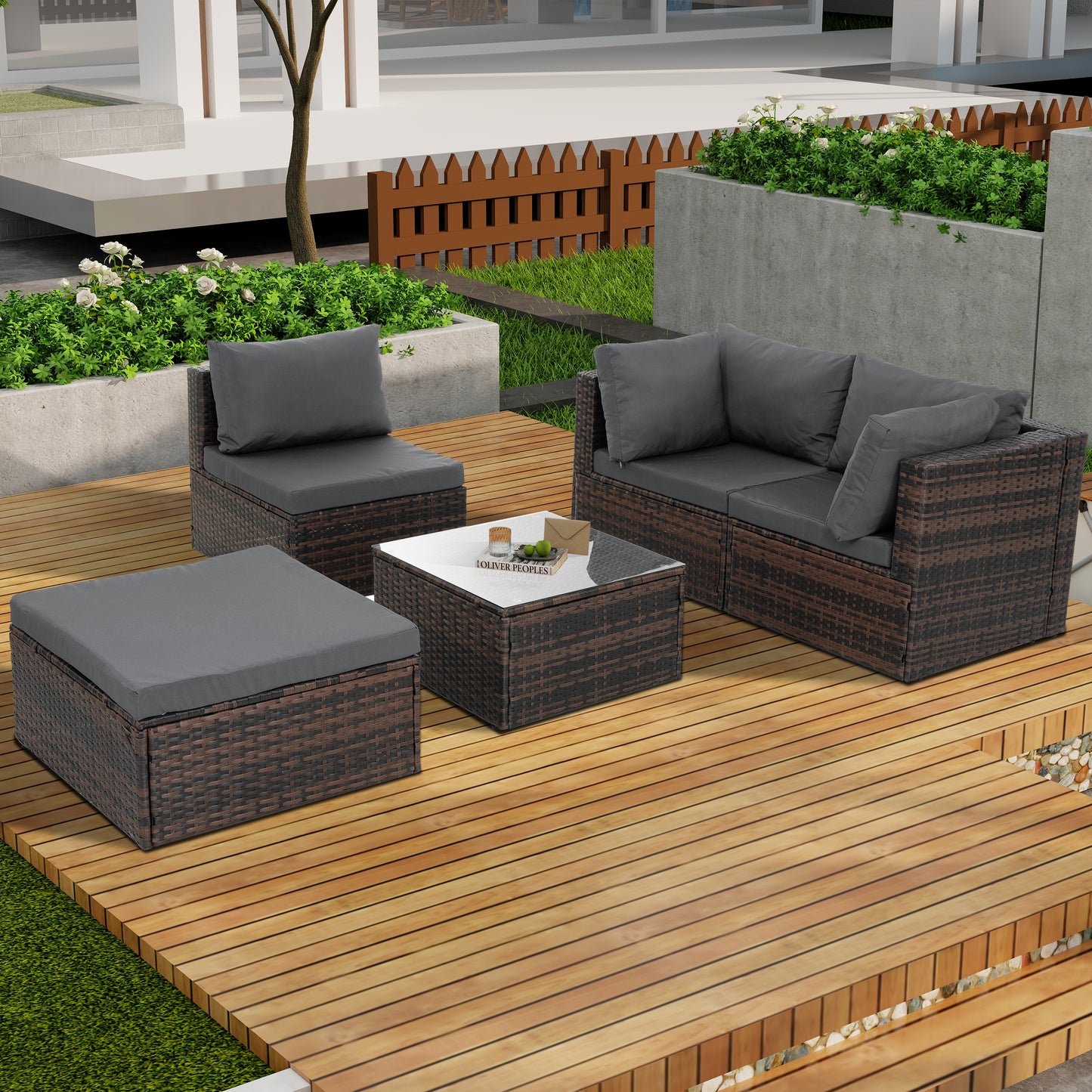 Patio Furniture, Outdoor Furniture, Seasonal PE Wicker Furniture, 5 Set Wicker Furniture With Tempered Glass Coffee Table