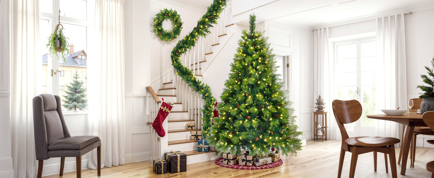 6FT Grass Green Christmas Tree, Large Branches Pine Tree, Pre-Lit Set with Tree & Garland & Wreath, Artificial Christmas with Pine Cones, Hinged Xmas Tree , for Holiday Party Ofiice Home