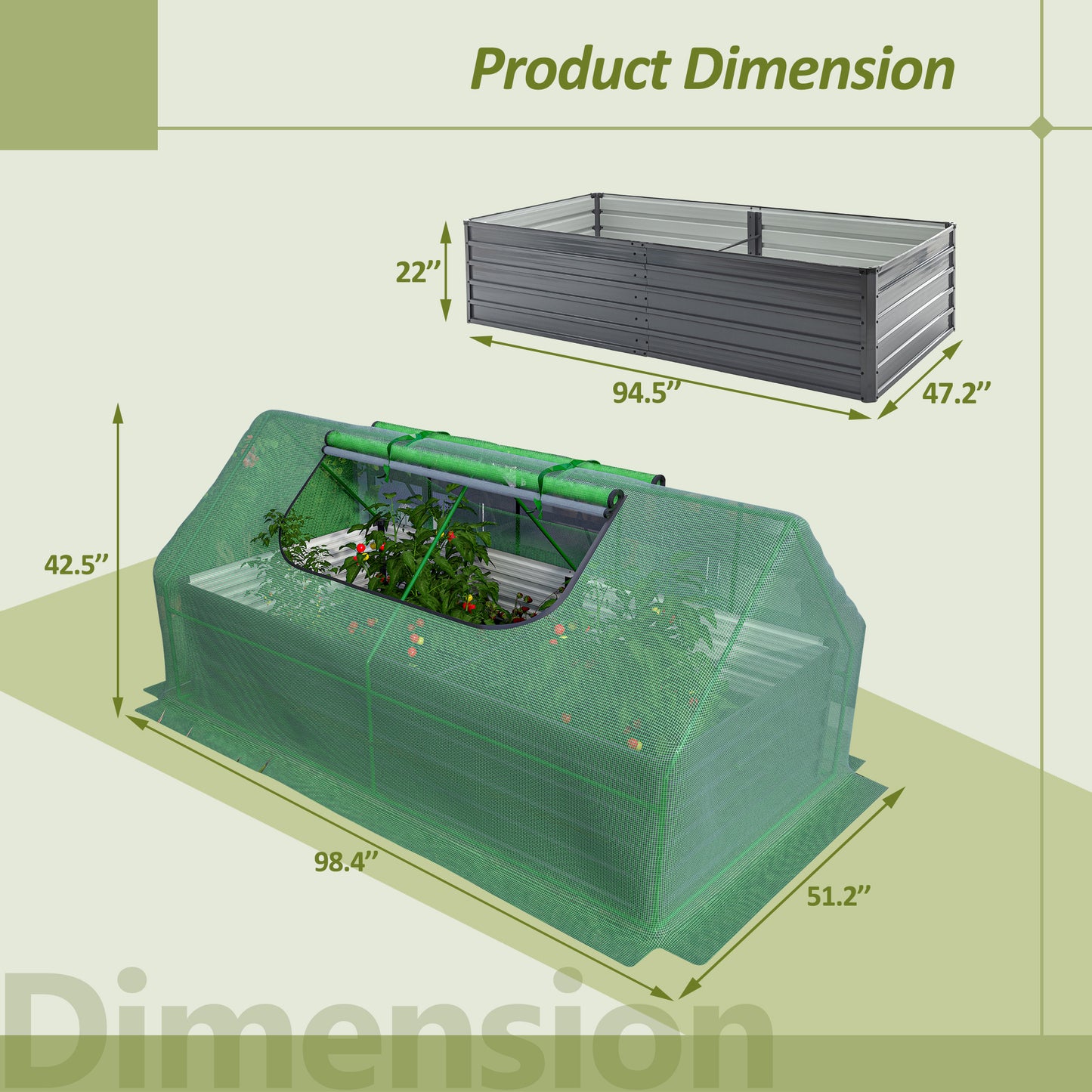 8x4x2ft Galvanized Raised Garden Bed with Cover Metal Planter Box Kit, w/ 2 Large Screen Windows Mini Greenhouse ,Outdoor Growing Vegetables