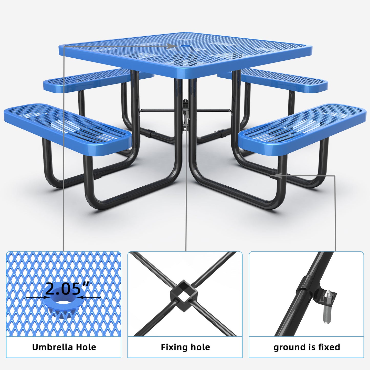 Square Outdoor Steel Picnic Table 46" blue ,with umbrella pole,Blue