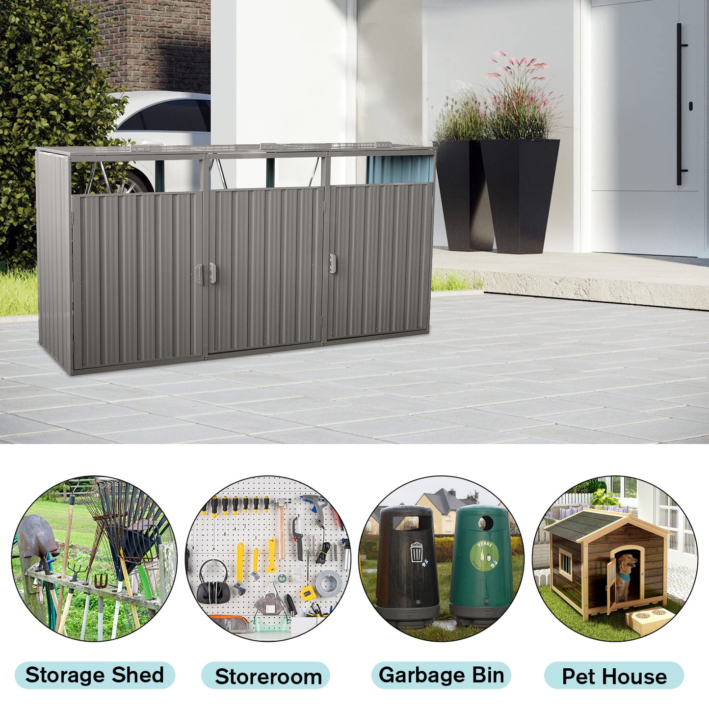 Garbage Bin Shed Stores 3 Trash Cans Metal Outdoor Bin Shed for Garbage Storage,Stainless Galvanized Steel, Bin Shed for Garden Yard Lawn,Grey