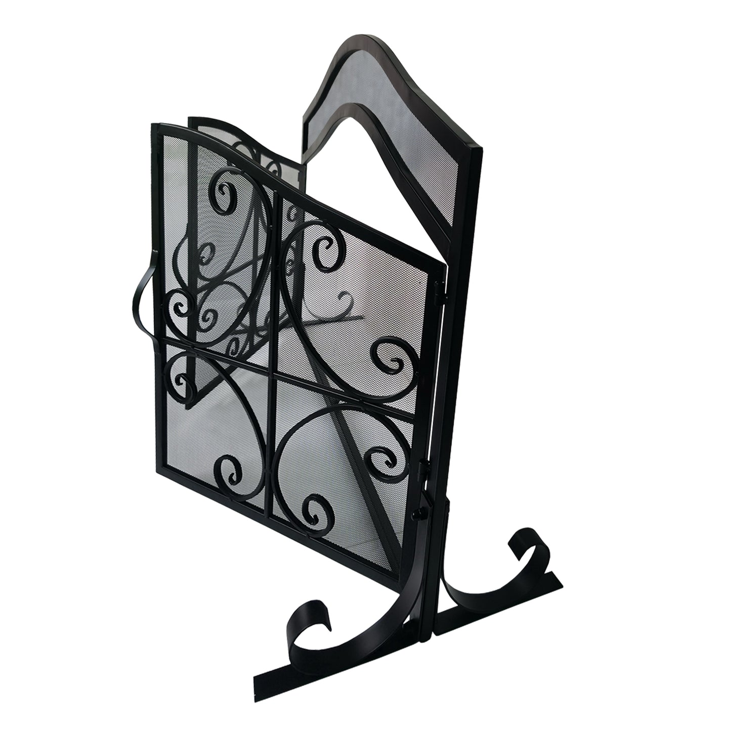 43 Inches 2 Door Iron Fireplace Screen, Mesh Design, Scrollwork, Black