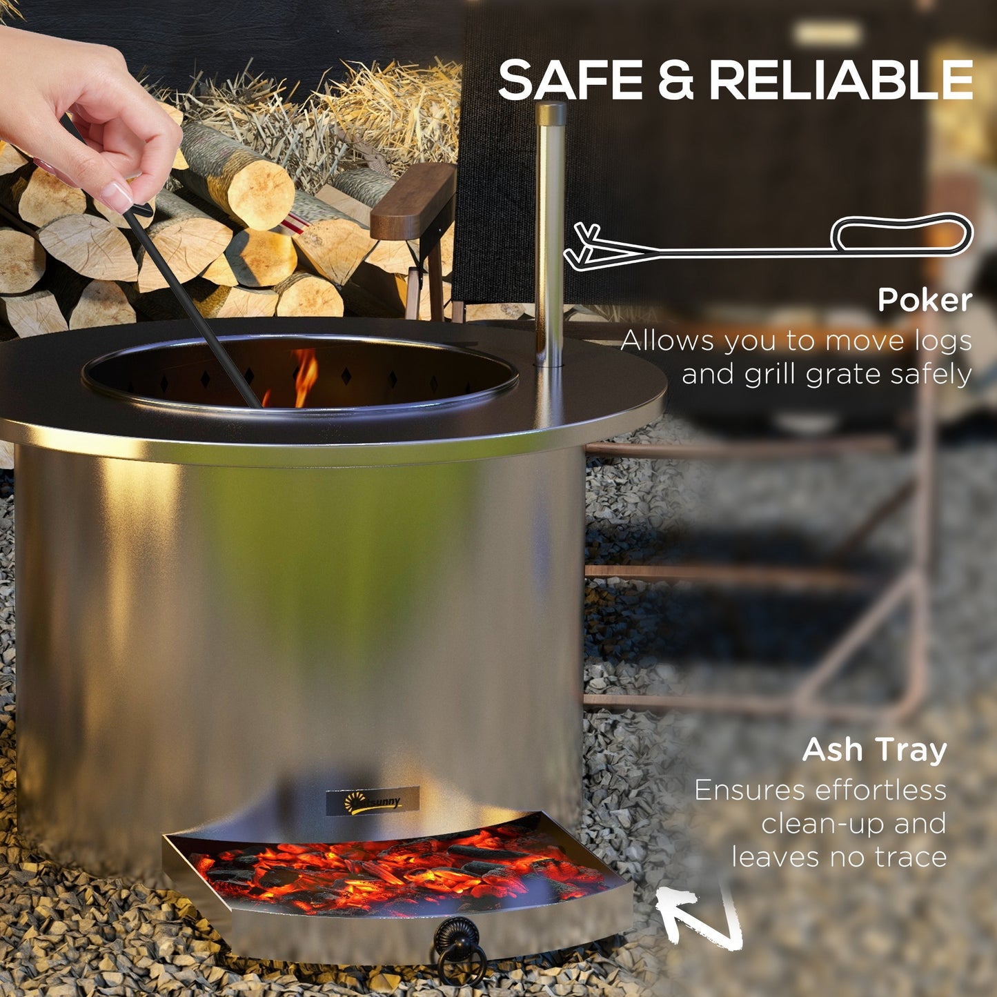 Outsunny 2-in-1 Smokeless Fire Pit, BBQ Grill, 25" Portable Wood Burning Firepit with Cooking Grate, Ash Tray & Poker, Low Smoke Camping Bonfire Stove for Patio Picnic, Stainless Steel, Silver