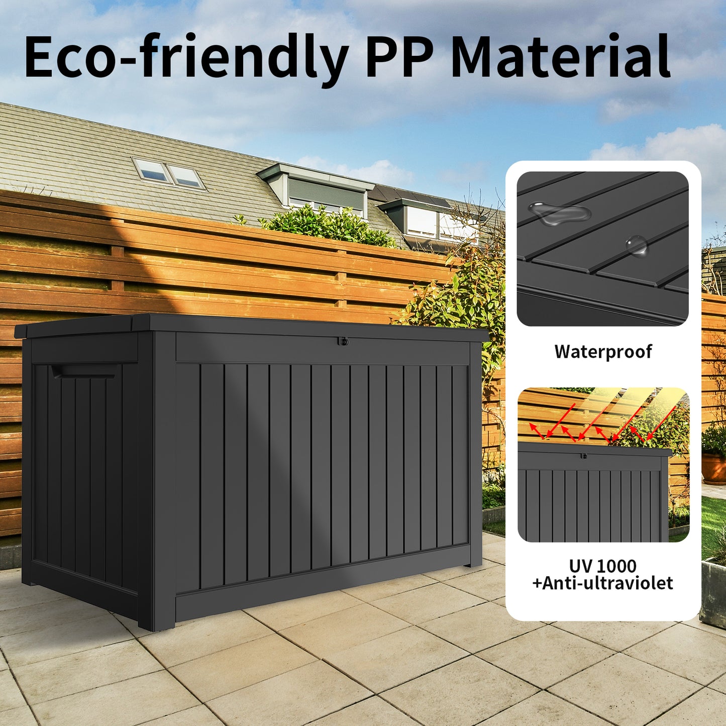 230 Gallon Deck Box, Waterproof Resin Large Outdoor Storgae Box for Patio Furniture, Patio Cushions, Gardening Tools, Pool and Sports Supplies, Lockable (Black)