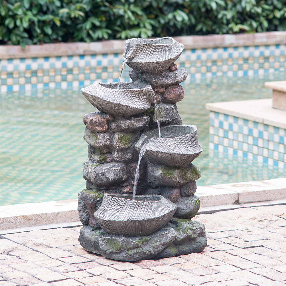 19x15x31.5" Indoor Outdoor Stone Water Fountain,  4-Tier Polyresin Cascading Rock Bowl Freestanding Fountain with LED Ligh