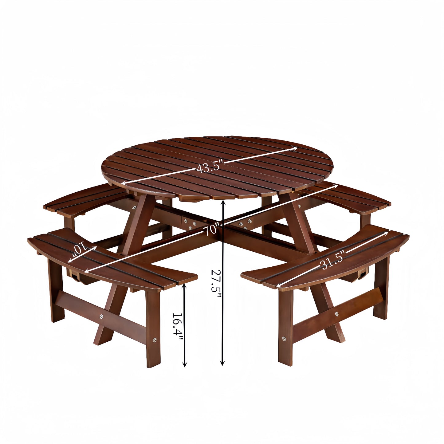 Outdoor 8 Person Picnic Table, 8 person Round Picnic Table with 4 Built-in Benches, Umbrella Hole, Outside Table and Bench Set for Garden, Backyard, Porch, Patio,  Brown