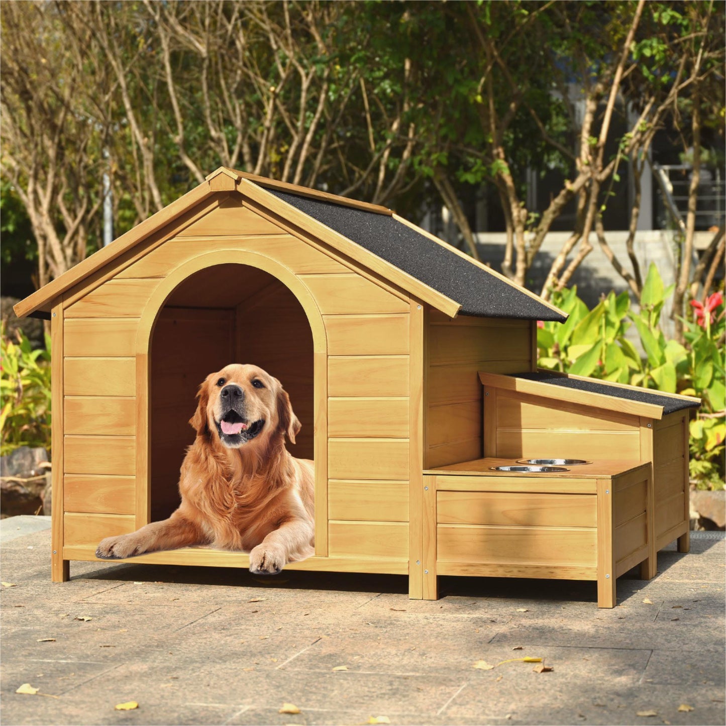 GO 51.18" L x 43.7" W x 37" H Large Size Wooden Dog House, Dog Crate For large dog breeds, Cabin Style Raised Dog Shelter with Asphalt Roof, Solid Wood, Weatherproof, Nature