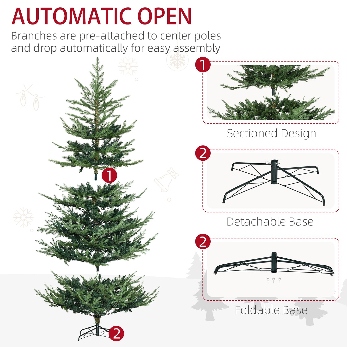 HOMCOM 7.5 Foot Artificial Christmas Tree, Pine Hinged Xmas Tree with 1218 Realistic Branches, Steel Base, Auto Open, Green