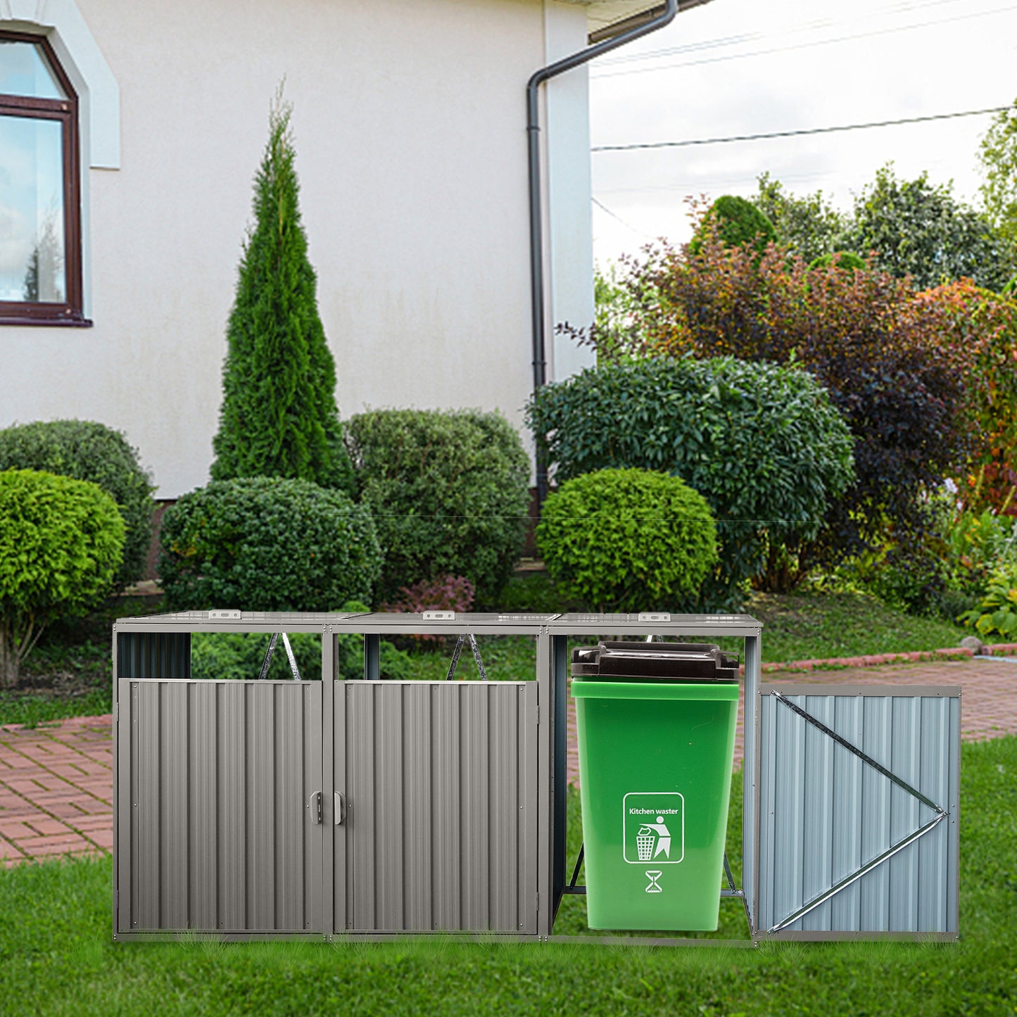 Garbage Bin Shed Stores 3 Trash Cans Metal Outdoor Bin Shed for Garbage Storage,Stainless Galvanized Steel, Bin Shed for Garden Yard Lawn,Grey