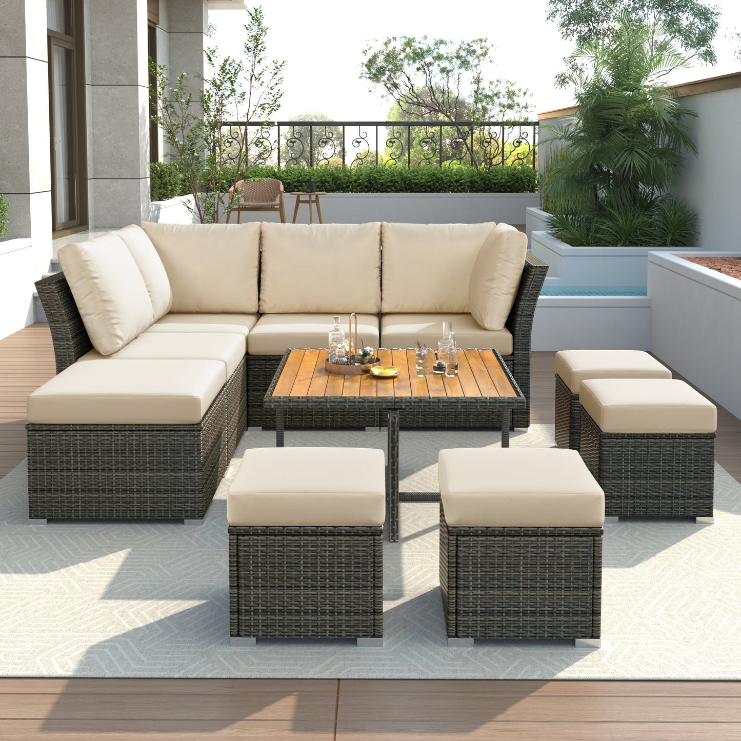 U_STYLE Patio Furniture Set, 10 Piece Outdoor Conversation Set, CoffeeTable with Ottomans, Solid wood coffee table