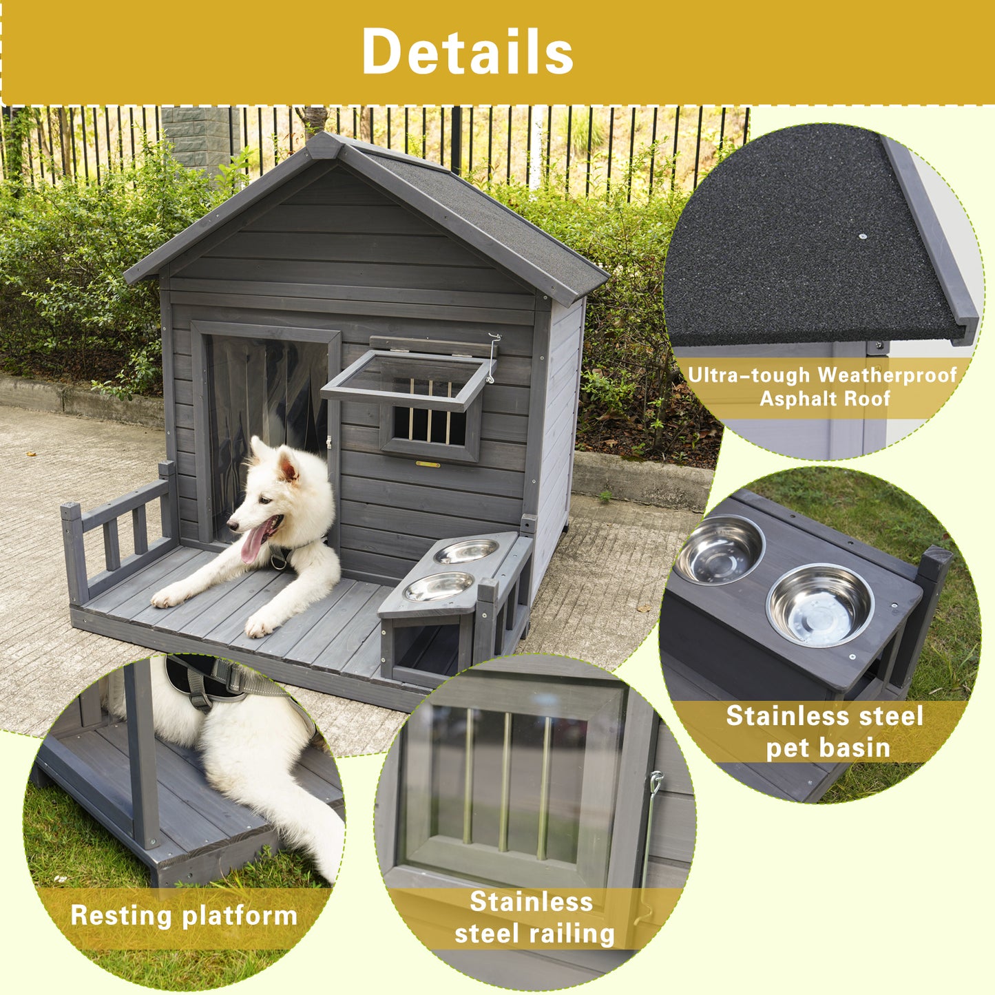 Large dog house, 44.2" long x 44.6" wide x 44.6" high solid wood asphalt roof dog house for large dogs with large terrace, weatherproof large dog house,Complimentary dog bowl