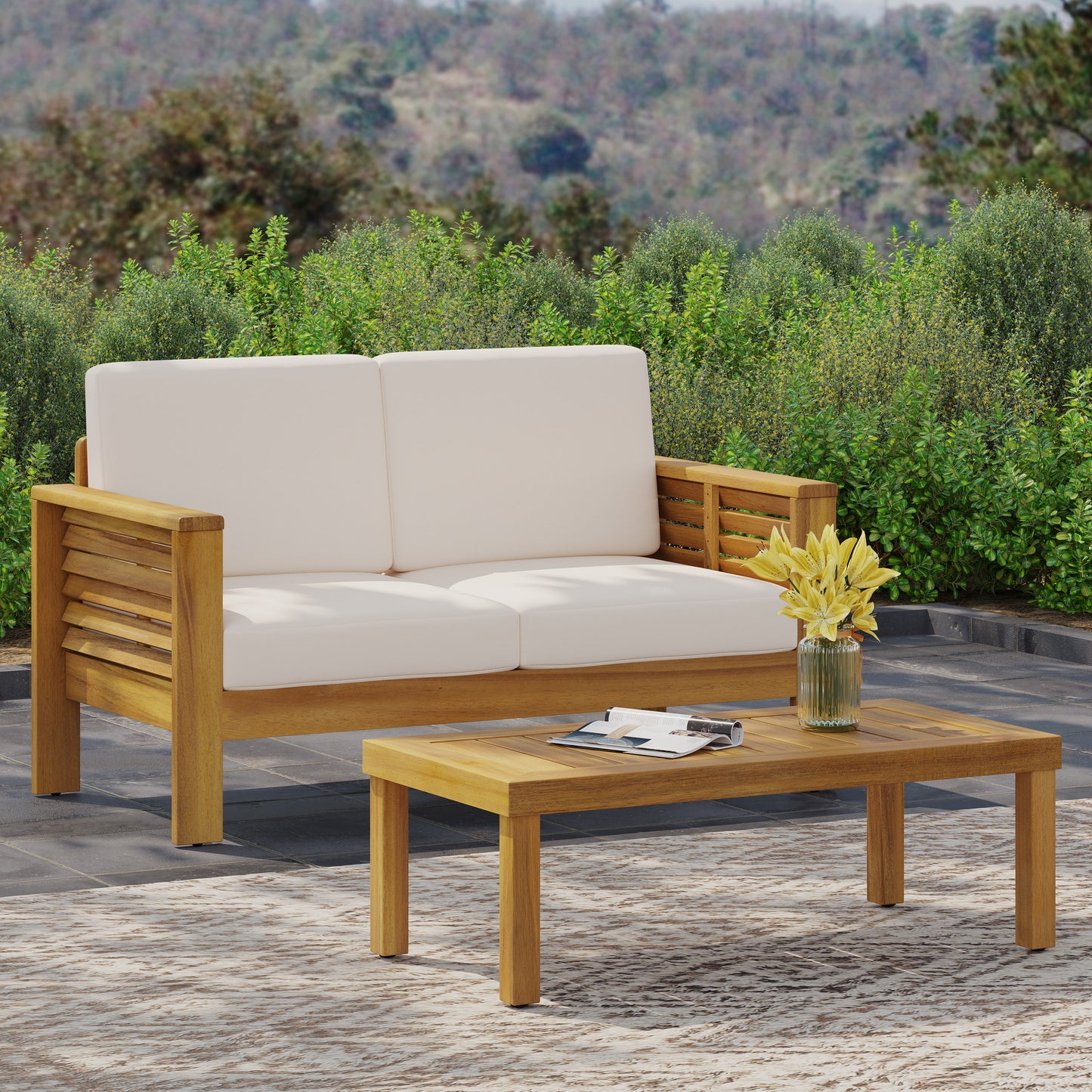 Teak Acacia Wood Loveseat and Coffee Table Set with Cream Cushions