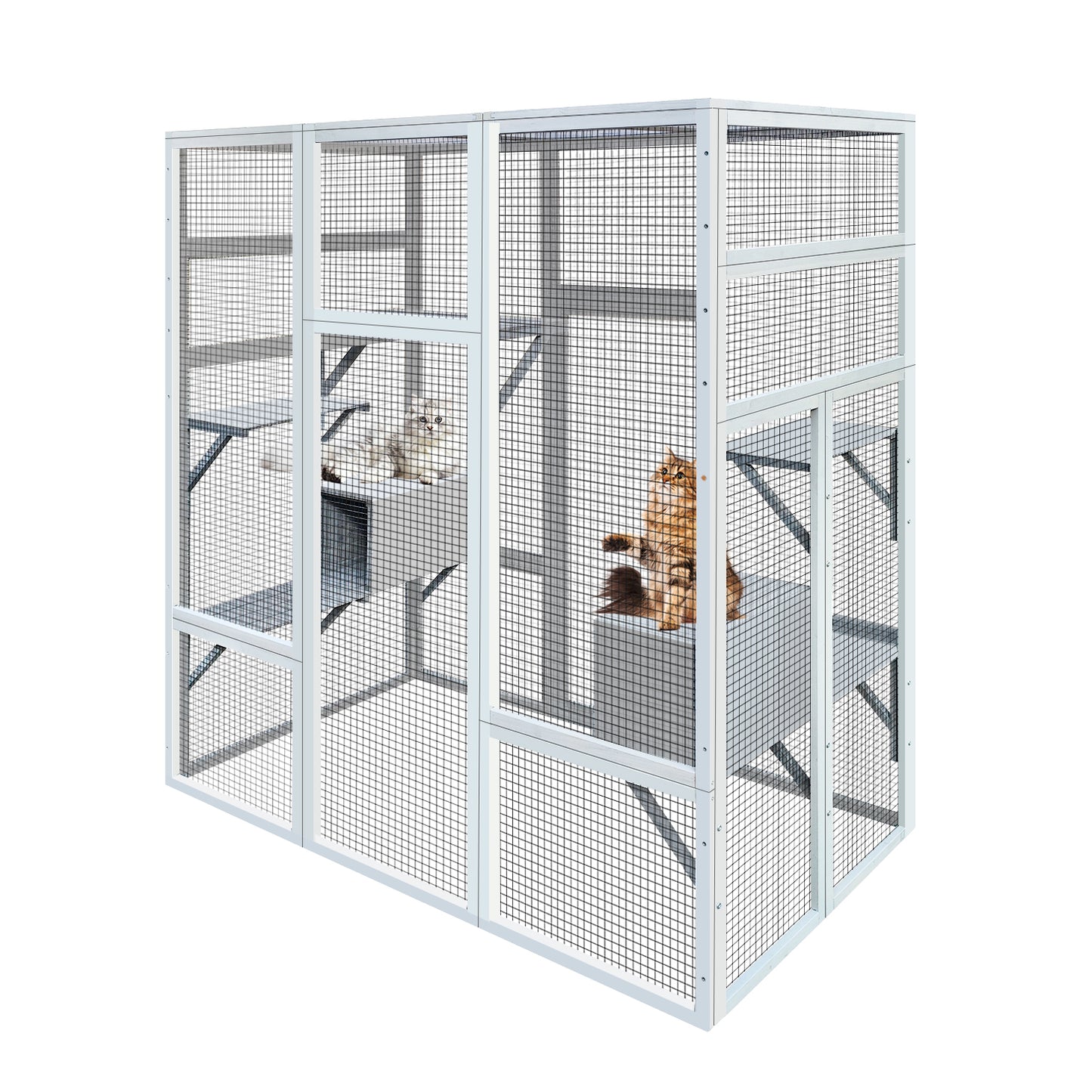 62.6" Outdoor Wooden Cat House Large Catio,  Solid Wood Cat Cage Shelter Enclosure Playpen with Anti-UV& Waterproof, 7 Platforms and 2 Resting Boxes