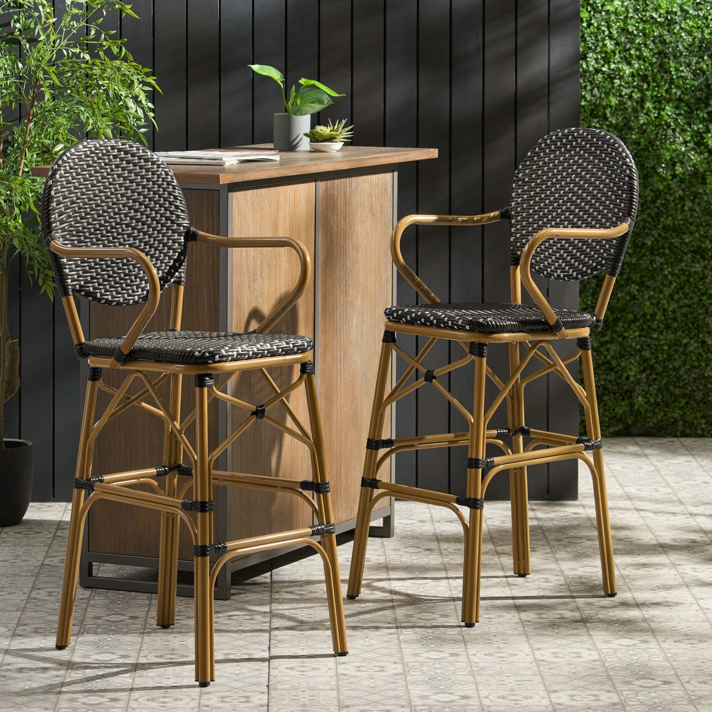 Outdoor Wicker and Aluminum 29.5" French Barstools, Set of 2, Black, Bamboo Print Finish