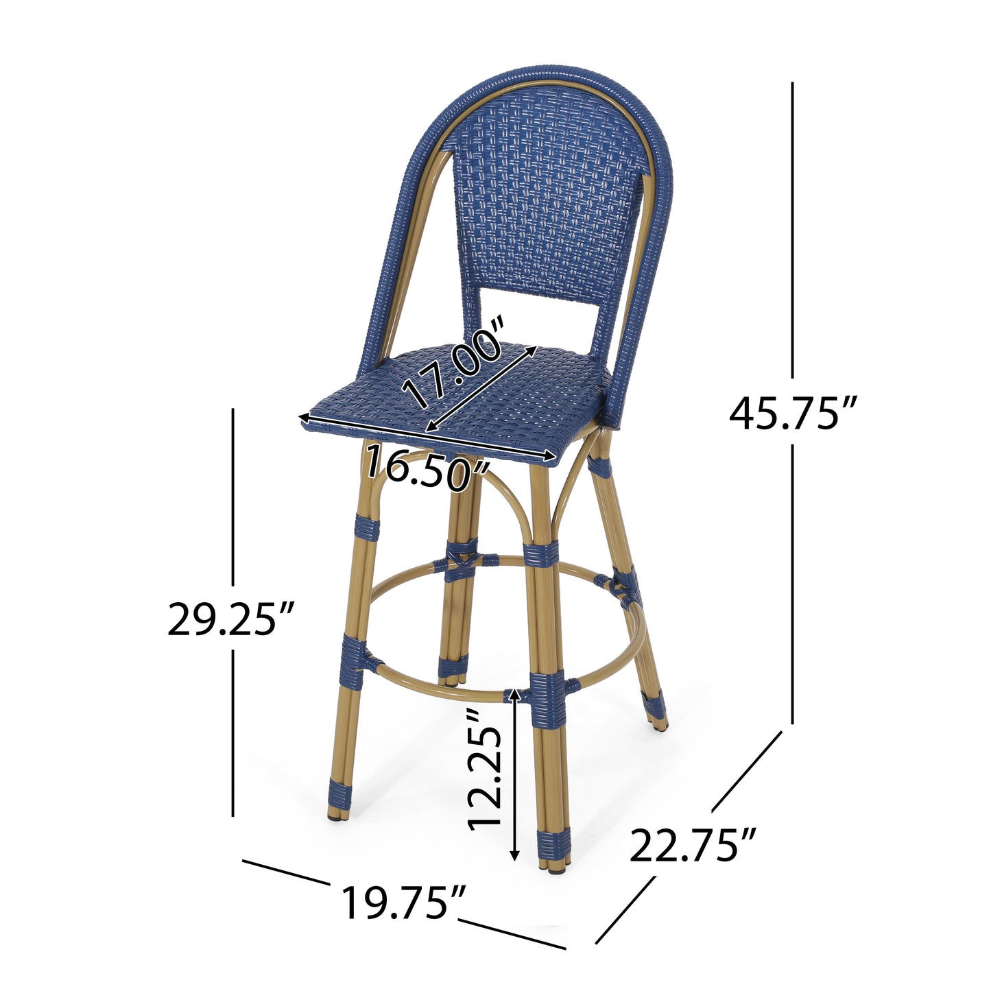 29.5" Outdoor PE Rattan and Aluminum French Barstools, Set of 2, Navy Blue and Bamboo Finish