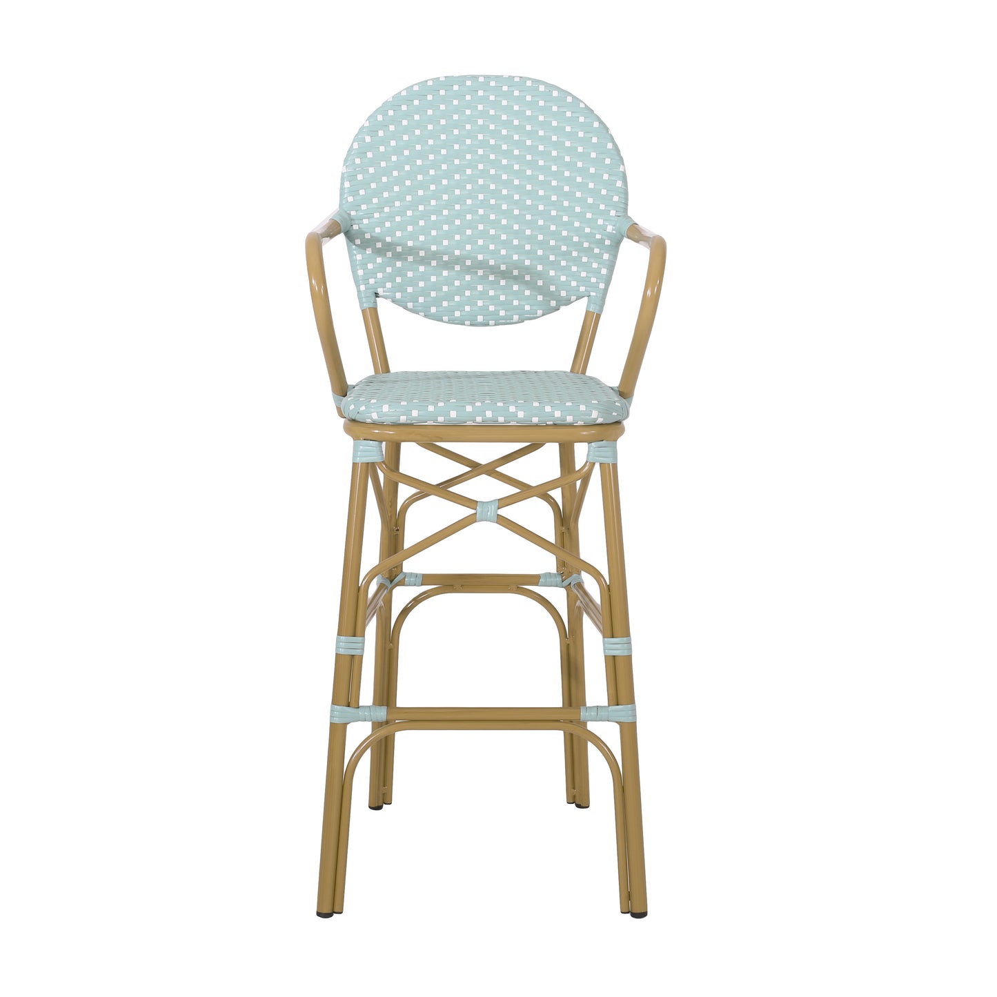 Outdoor Wicker and Aluminum 29.5" French Barstools, Set of 2, Teal, Bamboo Print Finish