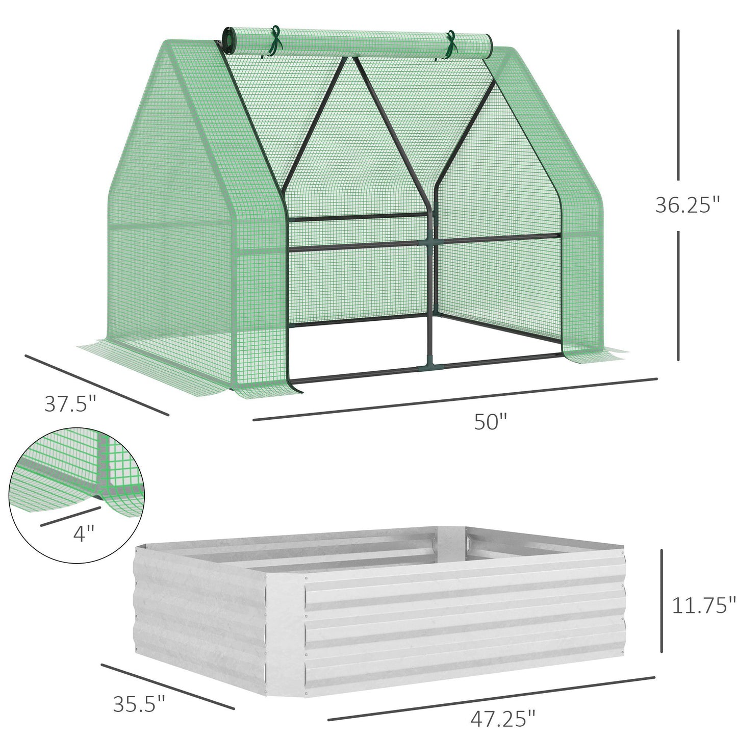 Outsunny Galvanized Raised Garden Bed with Mini Greenhouse Cover, Outdoor Metal Planter Box with 2 Roll-Up Windows for Growing Flowers, Fruits, Vegetables, and Herbs, 50" x 37.5" x 36.25", Green