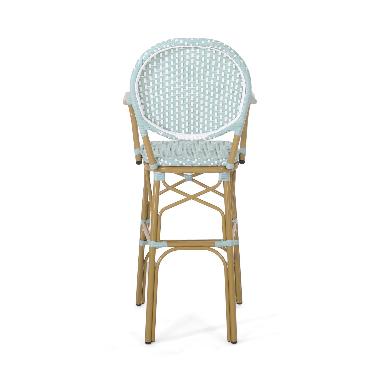 Outdoor Wicker and Aluminum 29.5" French Barstools, Set of 2, Teal, Bamboo Print Finish