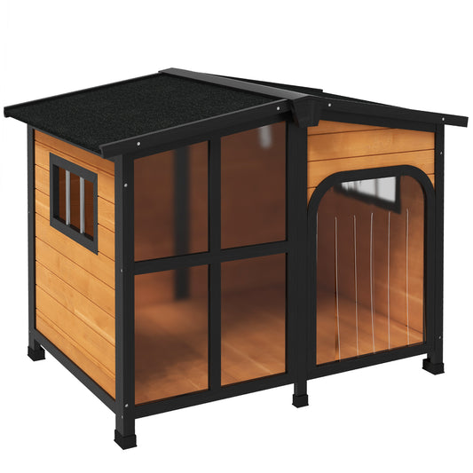 PawHut Outside Cabin-Style Wooden Dog House for Large Dogs with Openable Roof & Giant Window, Outdoor & Indoor Big Dog House, Asphalt Roof, Yellow