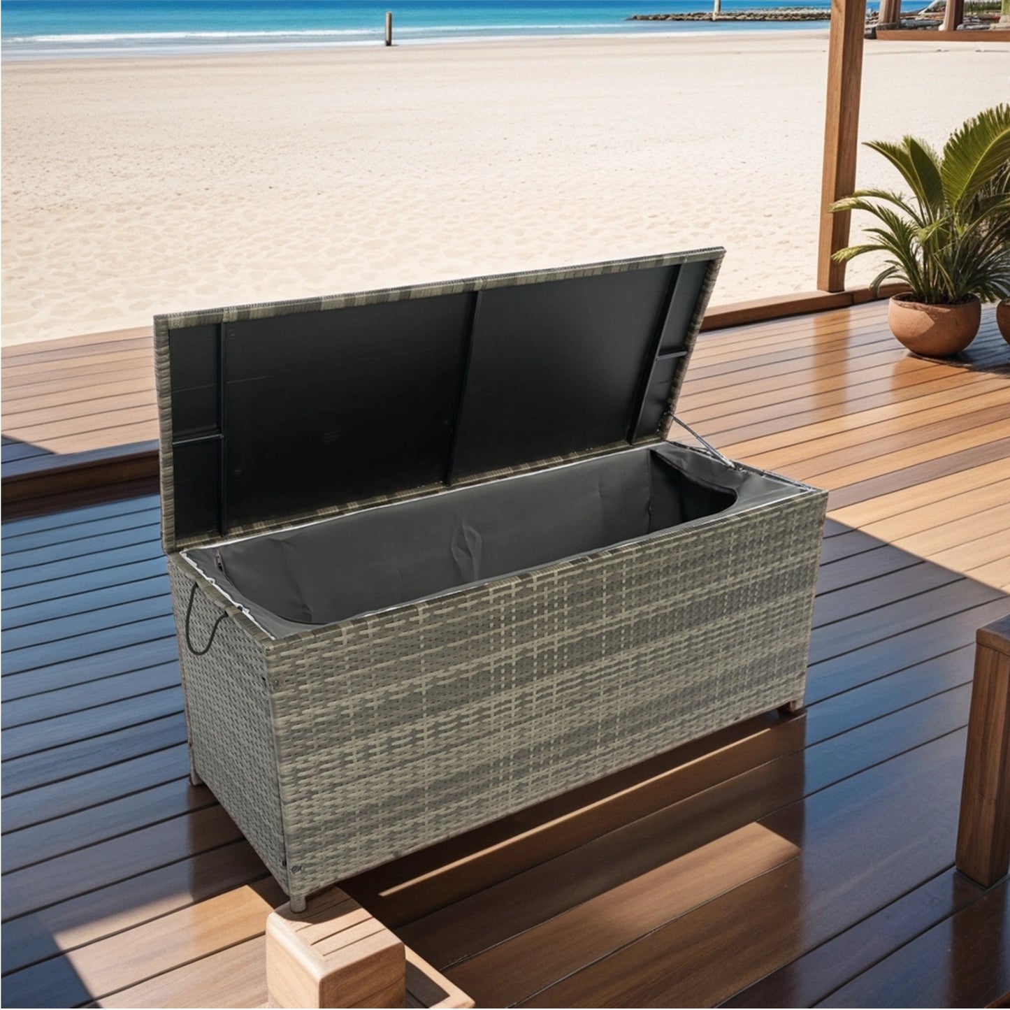 Outdoor Storage Box, 113 Gallon Wicker Patio Deck Boxes with Lid, Outdoor Cushion Storage for Kids Toys, Pillows, Towel Grey Wicker