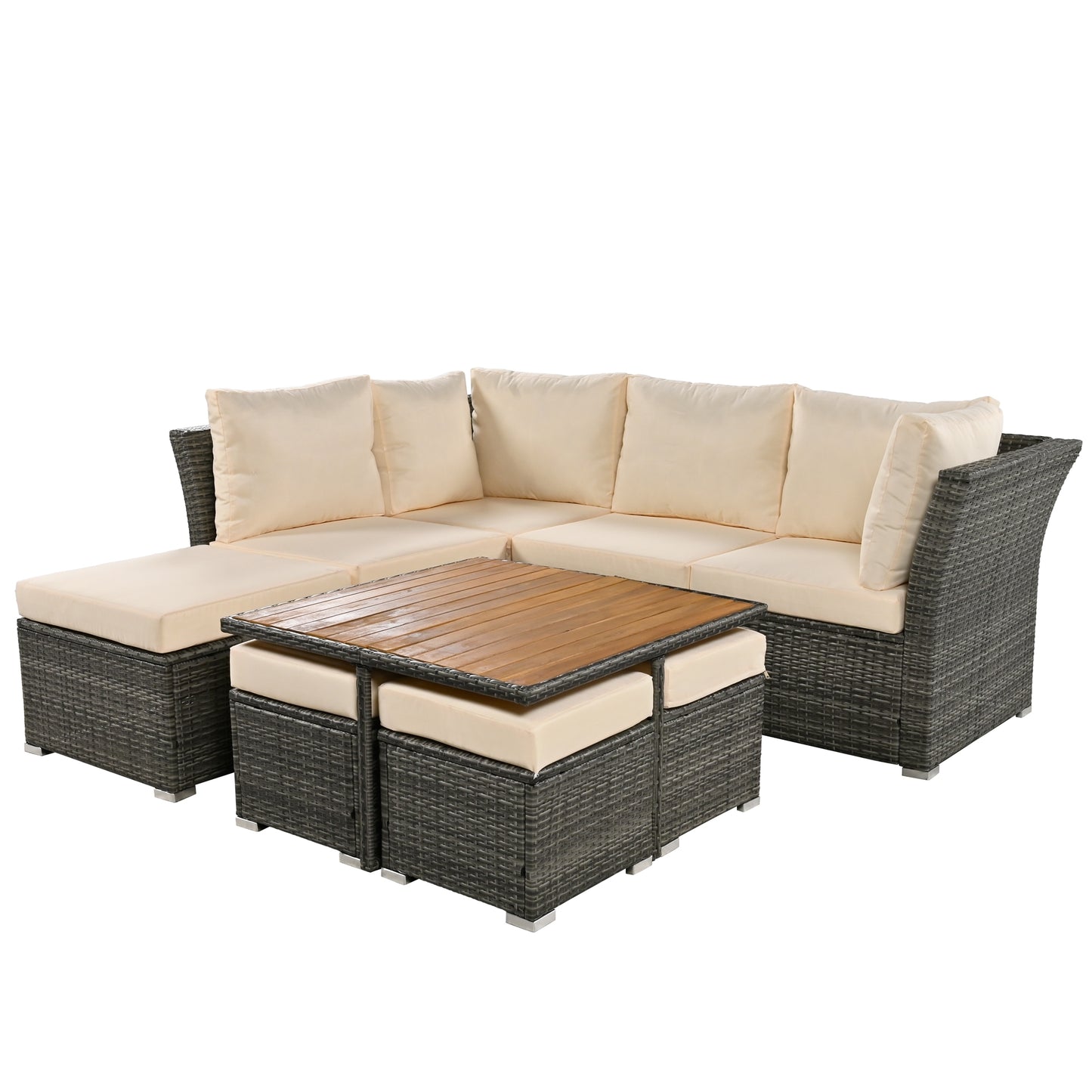 U_STYLE Patio Furniture Set, 10 Piece Outdoor Conversation Set, CoffeeTable with Ottomans, Solid wood coffee table