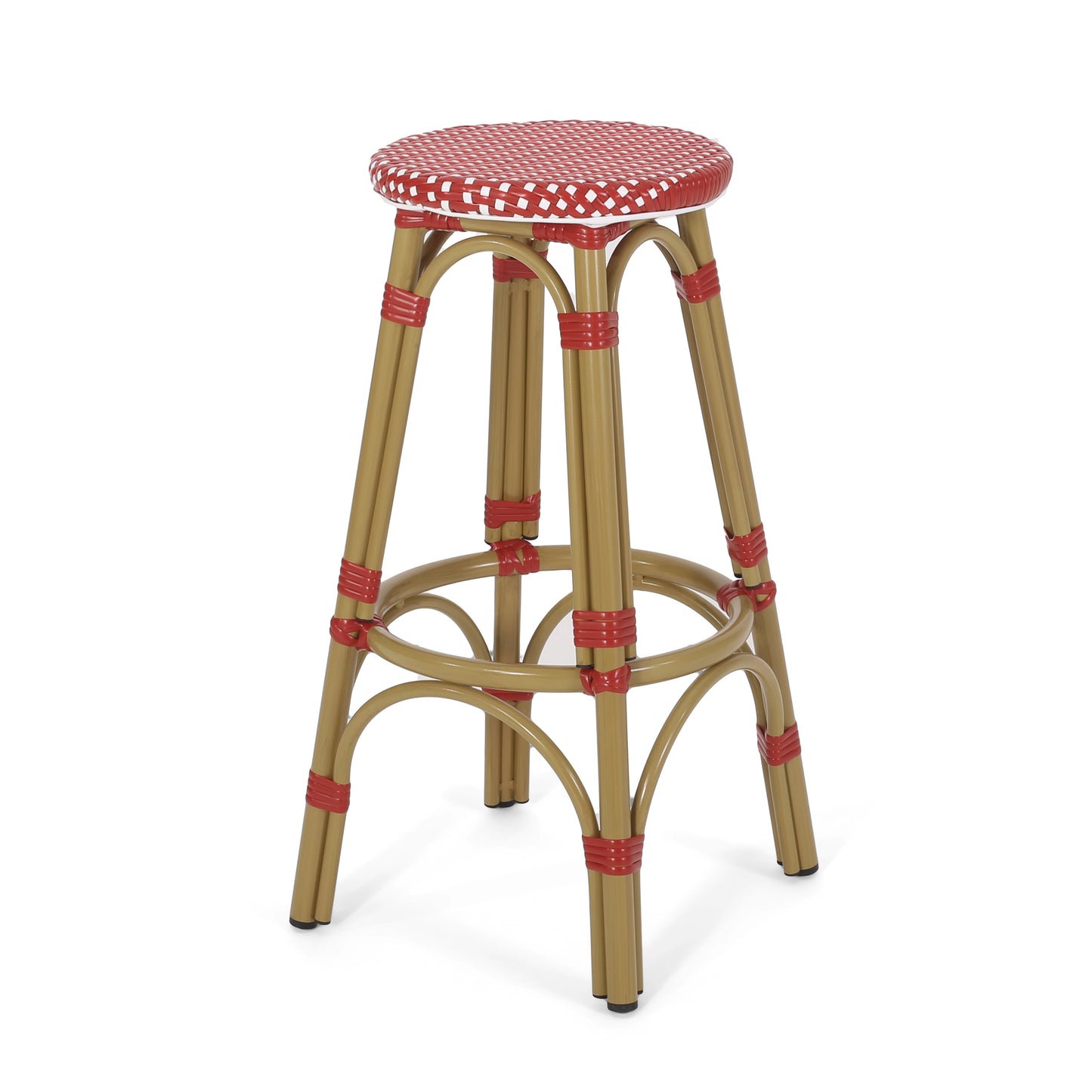 Outdoor PE Ratten and Aluminum 29.5" French Backless Barstools, Set of 2, Red, Bamboo Print Finish