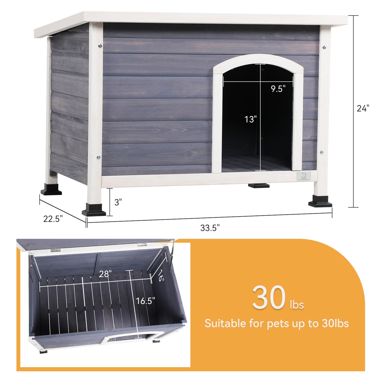 Small Wooden Outdoor Dog House, Waterproof Roof, Elevated Floor, Grey